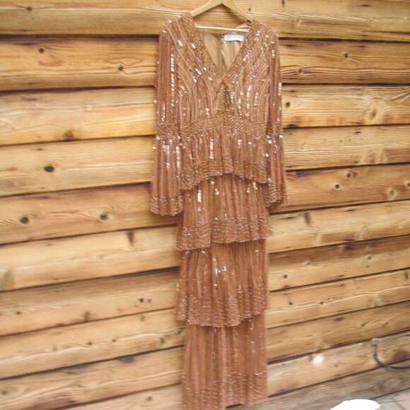 Mac Duggal 5442 Womens Embellished Bell Sleeve Tiered Gown Dress Copper - Picture 7 of 15